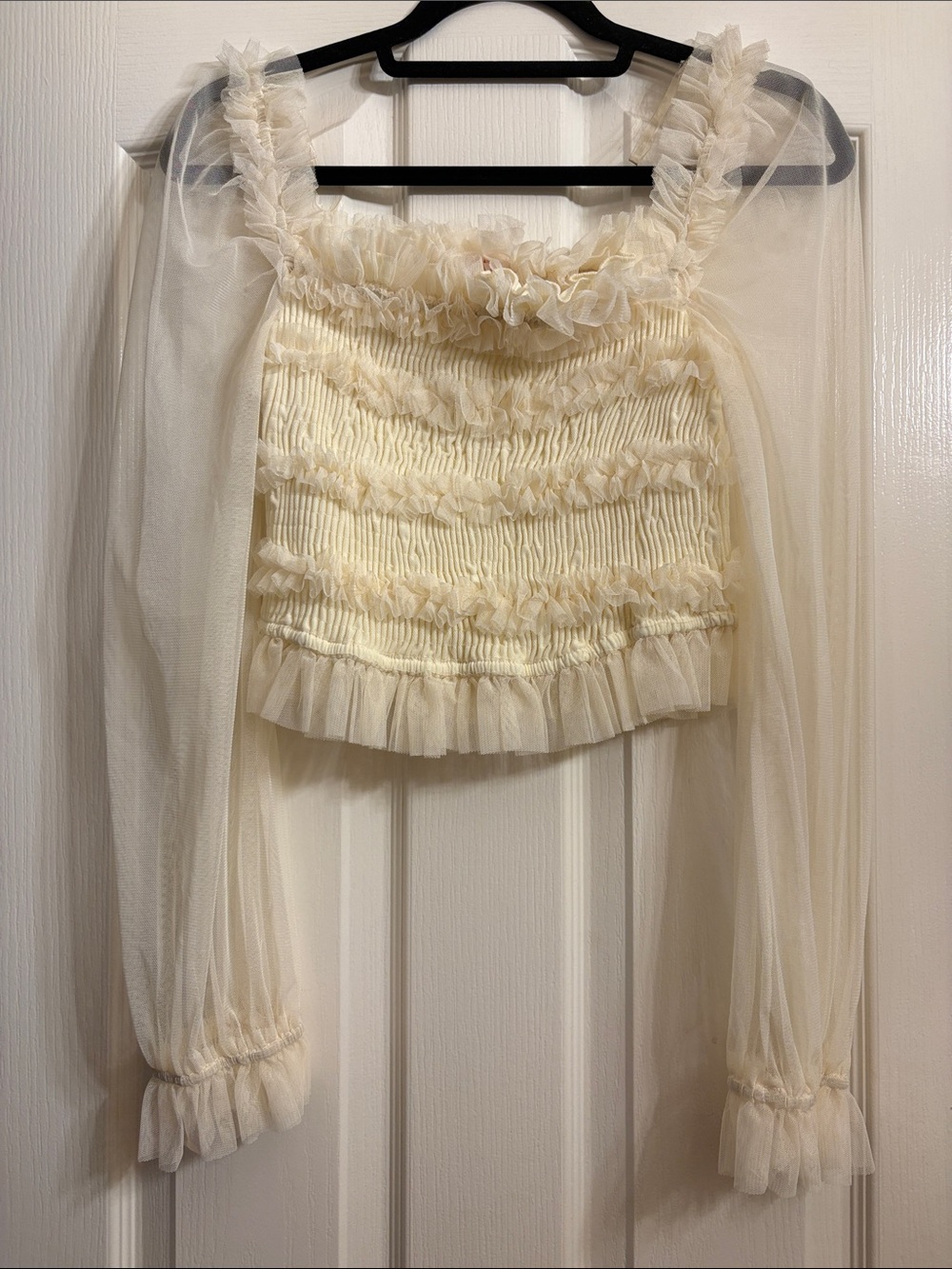 Sheer Ruffle-Trim Cream Smocked Crop Top